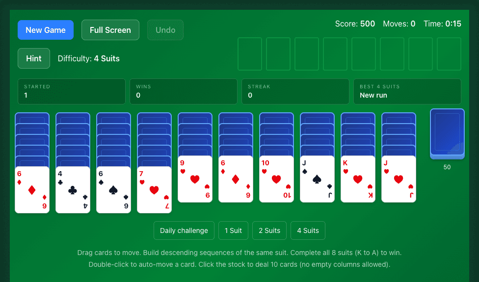4-suit Spider Solitaire practice board showing 10 tableau columns, four suits in play, a 50-card stock pile, and the hard-mode mixed-suit decision context.