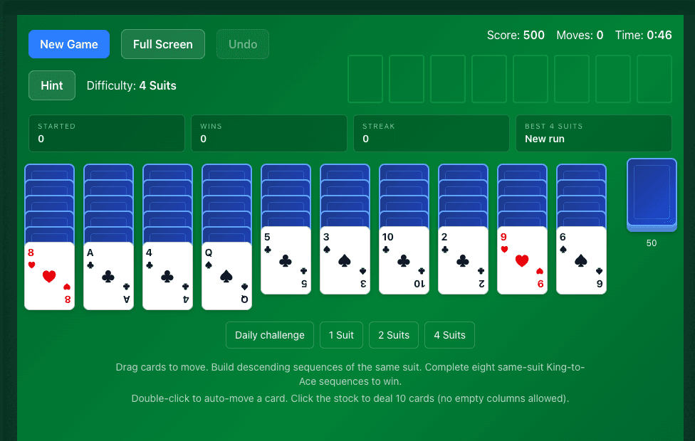 Seeded 4-suit Spider Solitaire opening board with ten tableau columns, visible mixed-suit rank moves, and a 50-card stock pile.